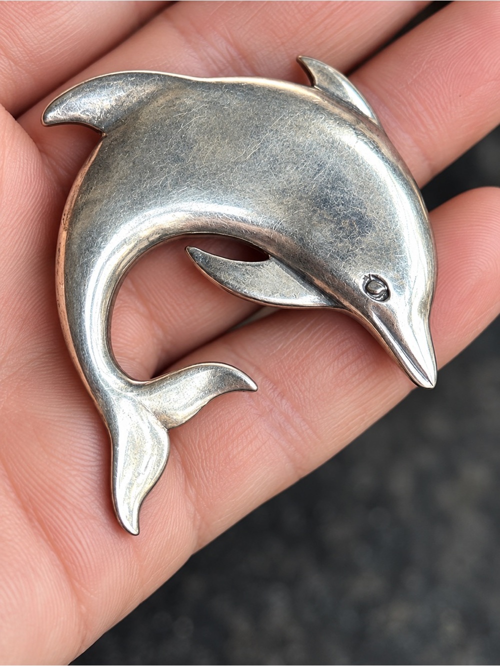 Vintage Signed “M” Sterling Silver Large Dolphin Brooch